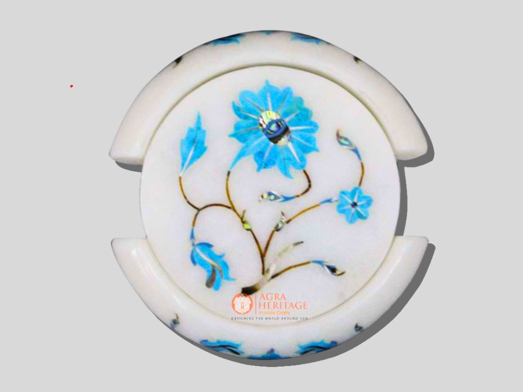 Marble White Turquoise Stone Floral Coaster Set